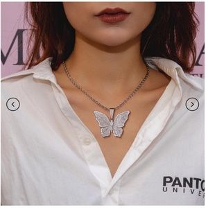 CZ Iced Butterfly Pendant w Gold Silver Iced Chain